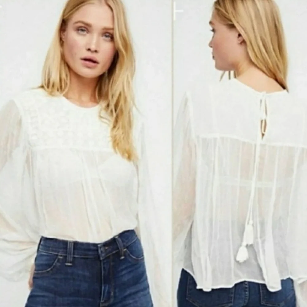 FREE PEOPLE RETRO FEMME  BLOUSE EMBELLISHED SHEER TASSELS